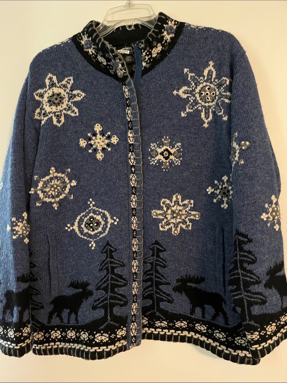 Blue Snowflake & Moose Knit Zip Cardigan Sweater